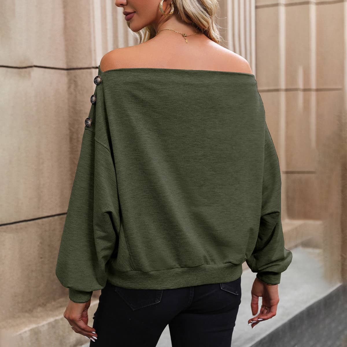 SOLID COLOR LINE NECK OFF-THE-SHOULDER HOODIE