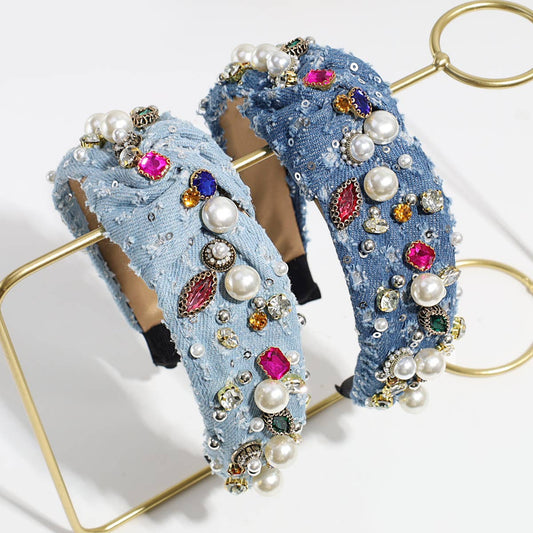 KNOTTED DENIM HEADBAND WITH COLORFUL RHINESTONES