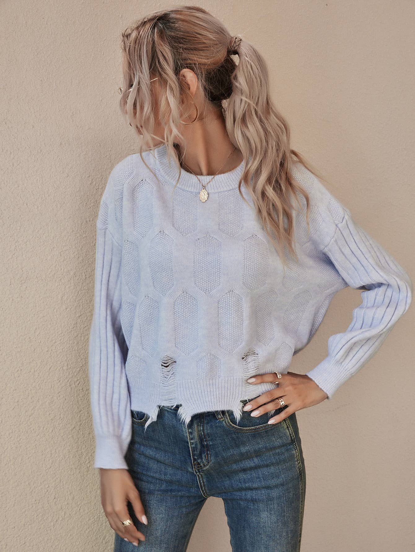 CWOSWL1155_Long Sleeve Round Neck Pullover Sweater