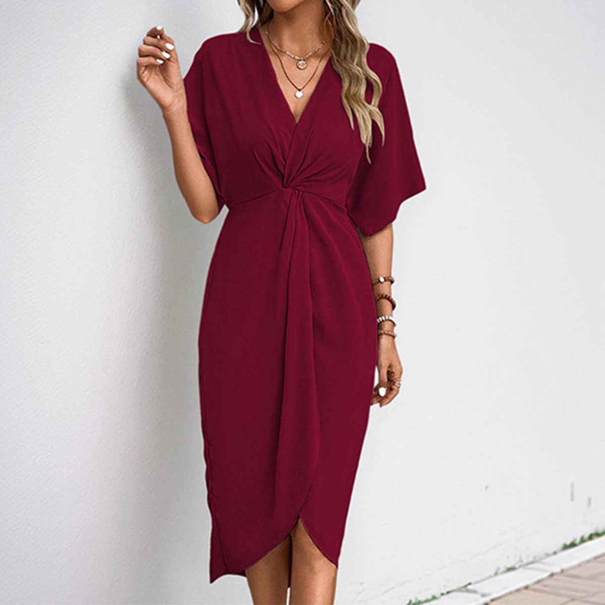 Solid color irregular waist slit mid-length dress