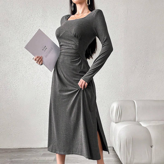 SQUARE COLLAR TEMPERAMENT FOLD WAIST DRESS