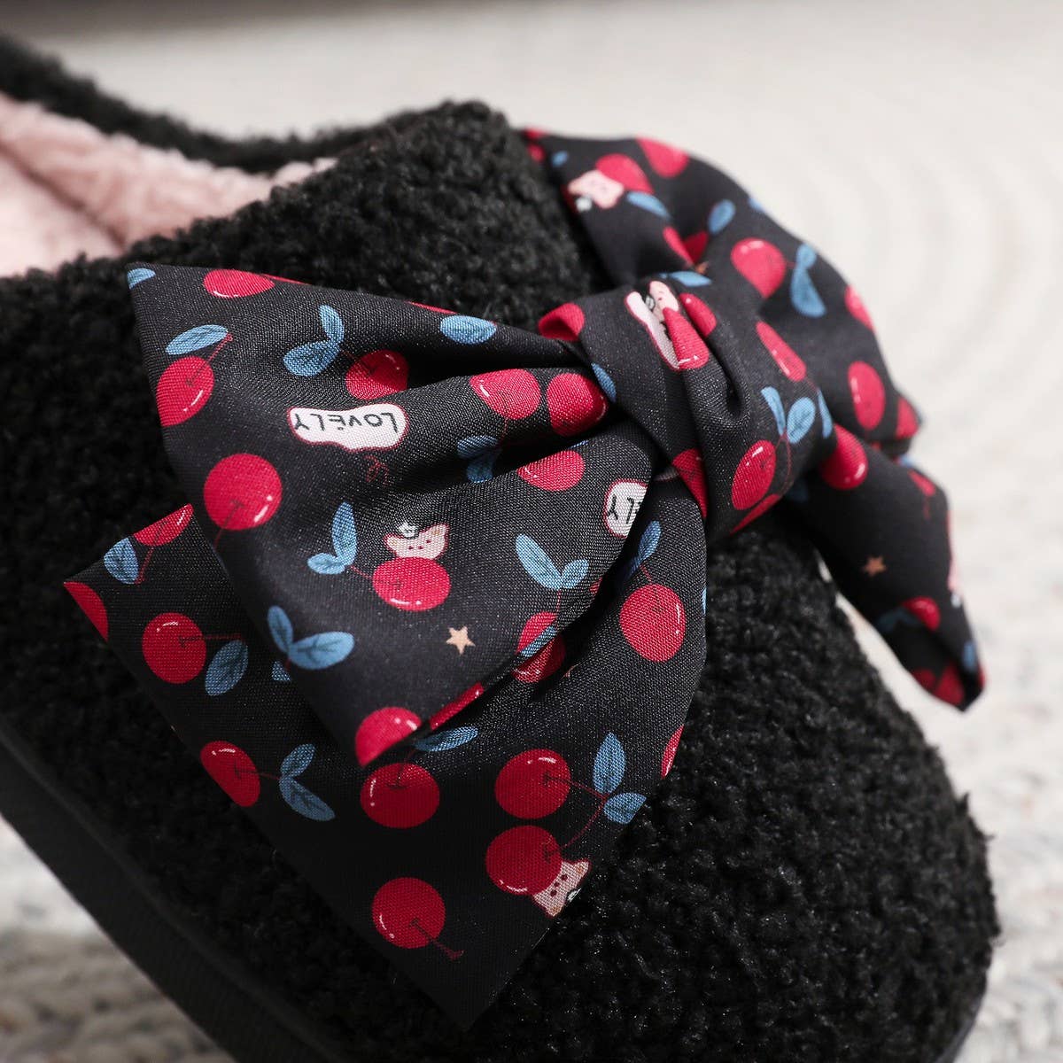 Cute Cherry Bow Slippers Thick Warm Indoor Shoes_CWSHF00212