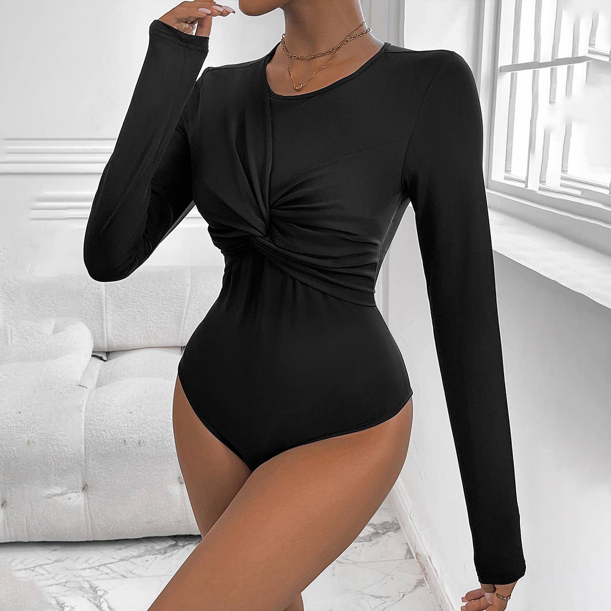 Black Kink Crew Neck Long Sleeve Onesie_Cwtbll1409