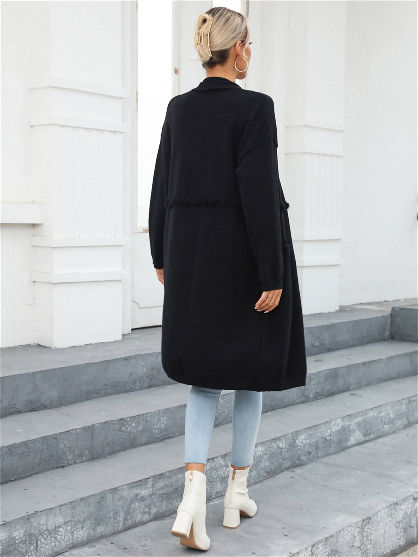 LONG CARDIGAN POCKET STYLE FRINGE COAT SWEATER