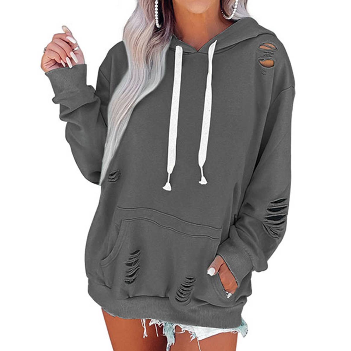SOLID COLOR ALL-IN-ONE RIPPED HOODIE JUMPER