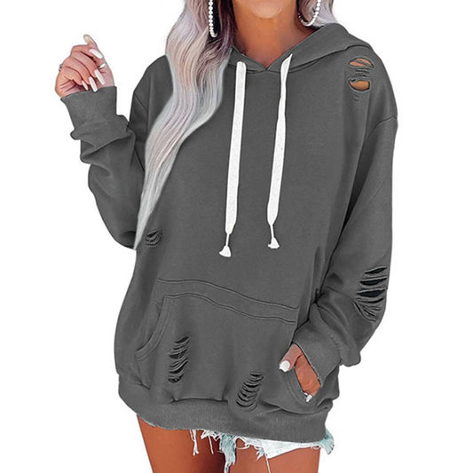 SOLID COLOR ALL-IN-ONE RIPPED HOODIE JUMPER