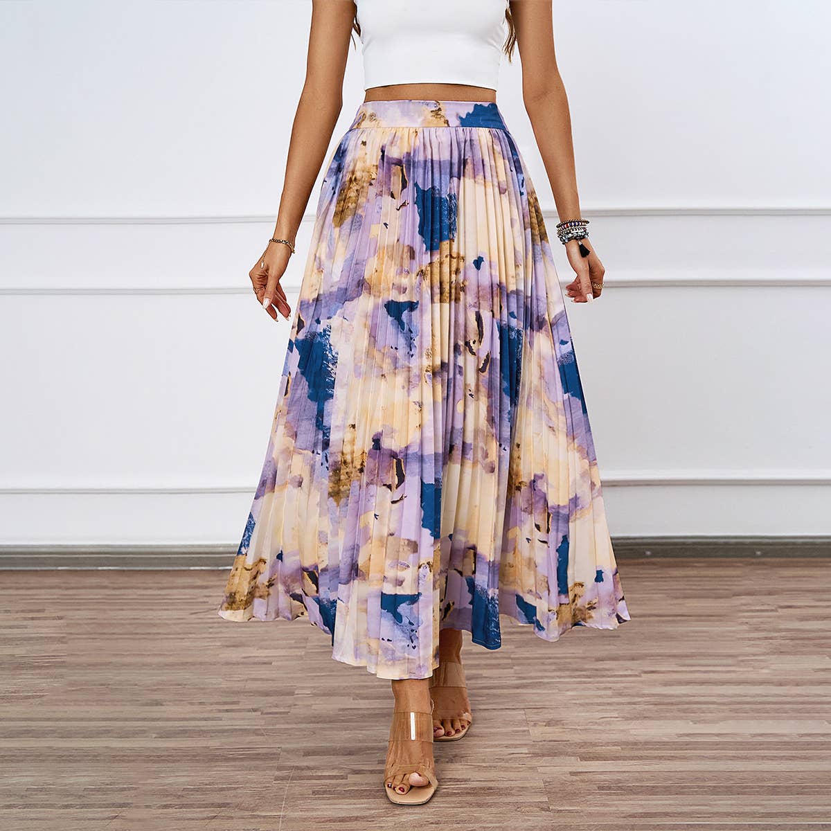 HIGH SENSE OIL PAINTING PRINTED PLEATED SKIRT