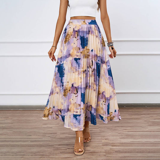 HIGH SENSE OIL PAINTING PRINTED PLEATED SKIRT