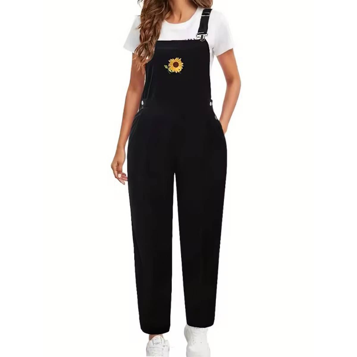 Sunflower embroidery corduroy casual overalls