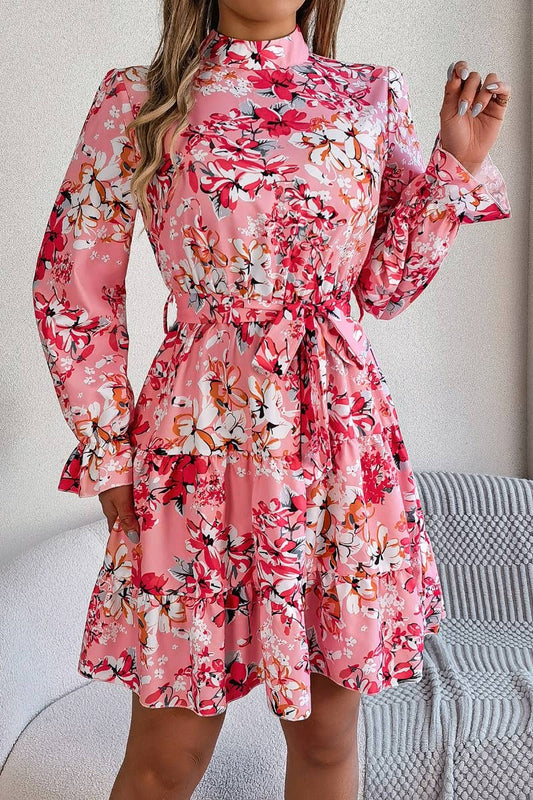 CWDSD6422_FLORAL TURTLENECK LONG SLEEVE PEPLUM DRESS SHORT