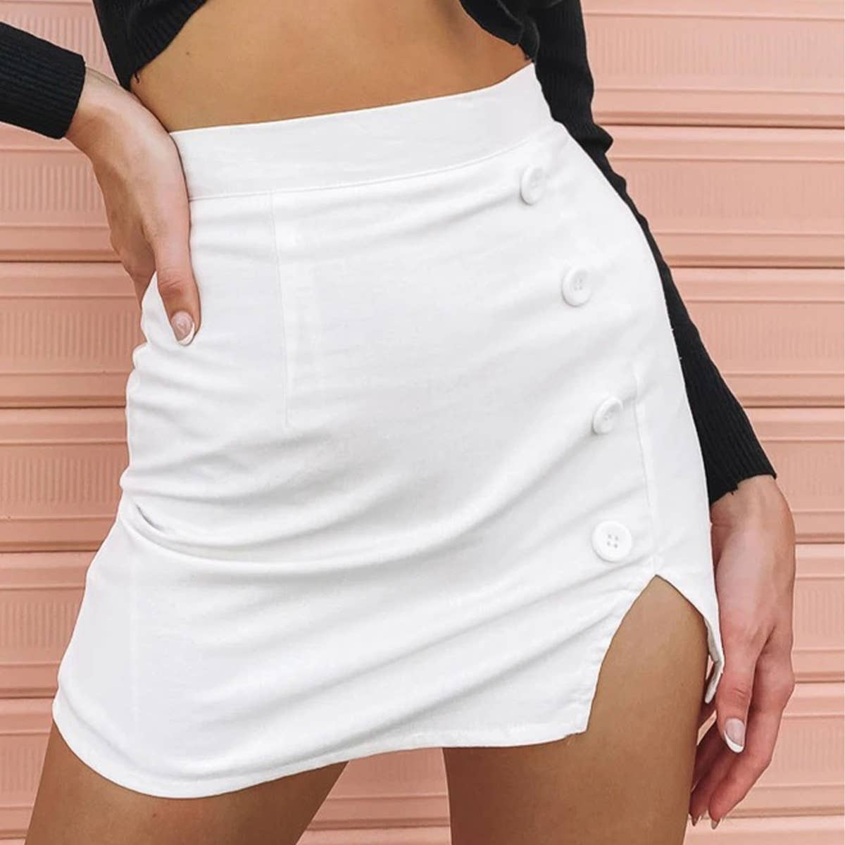 HIGH-WAISTED BUTTON-SPLIT SOLID COLOR SKIRT