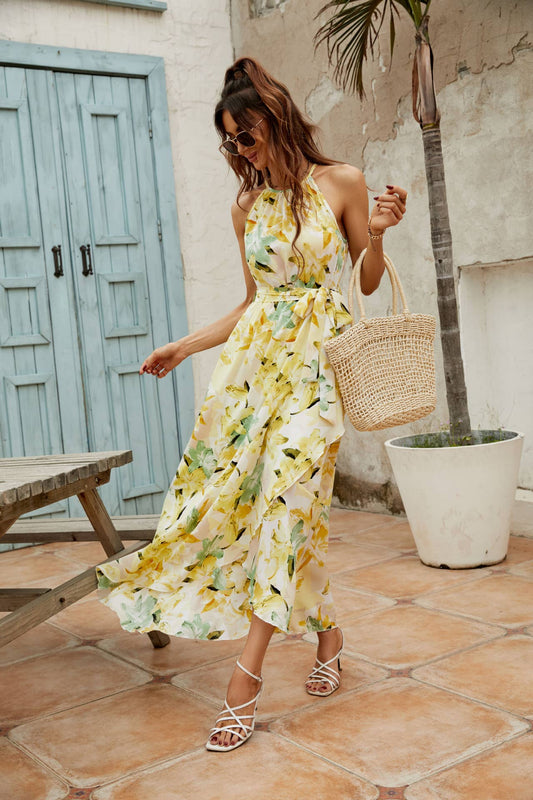 LONG SLIM PRINTED HOLIDAY HALTER DRESS