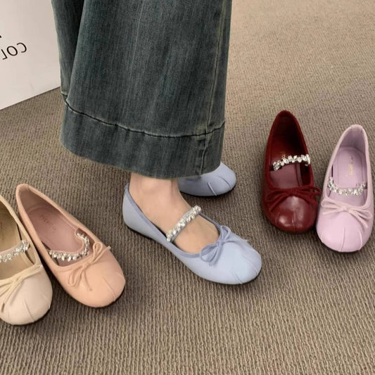 Rhinestone Strap Flat Mary Jane Bow Ballet Flats