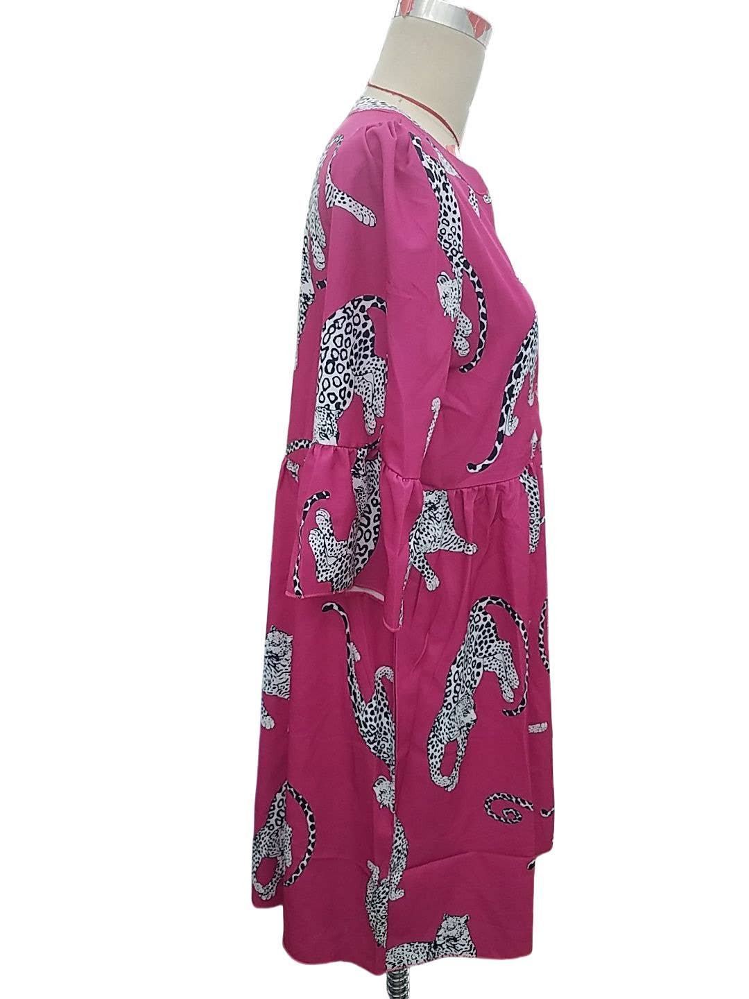 Leopard print button flared sleeve dress
