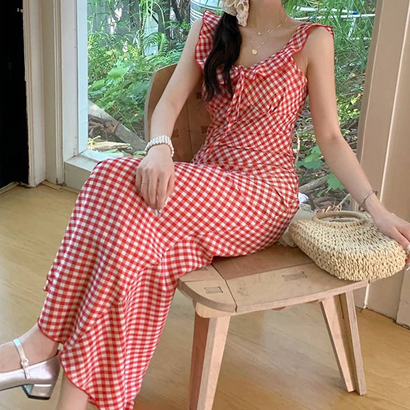 Retro tea break vacation checkered halter dress