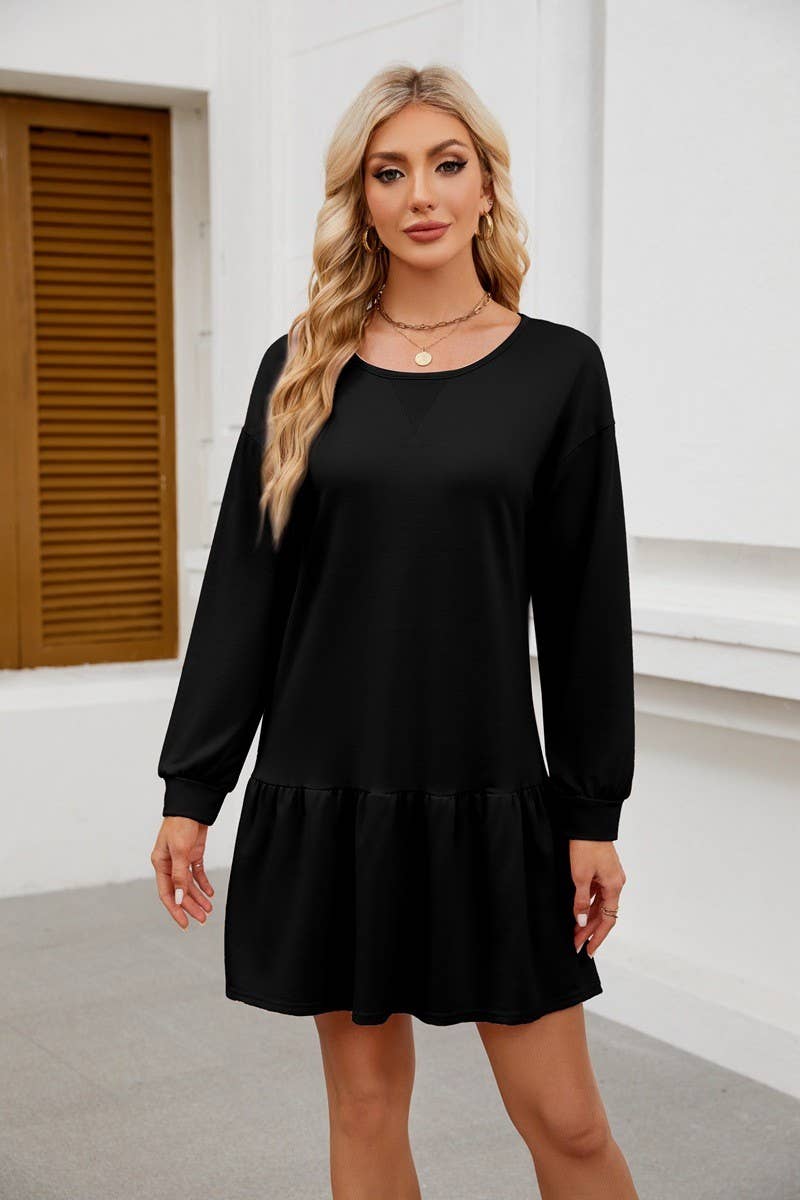 CWDSD8805_ROUND NECK LONG SLEEVE CASUAL DRESS