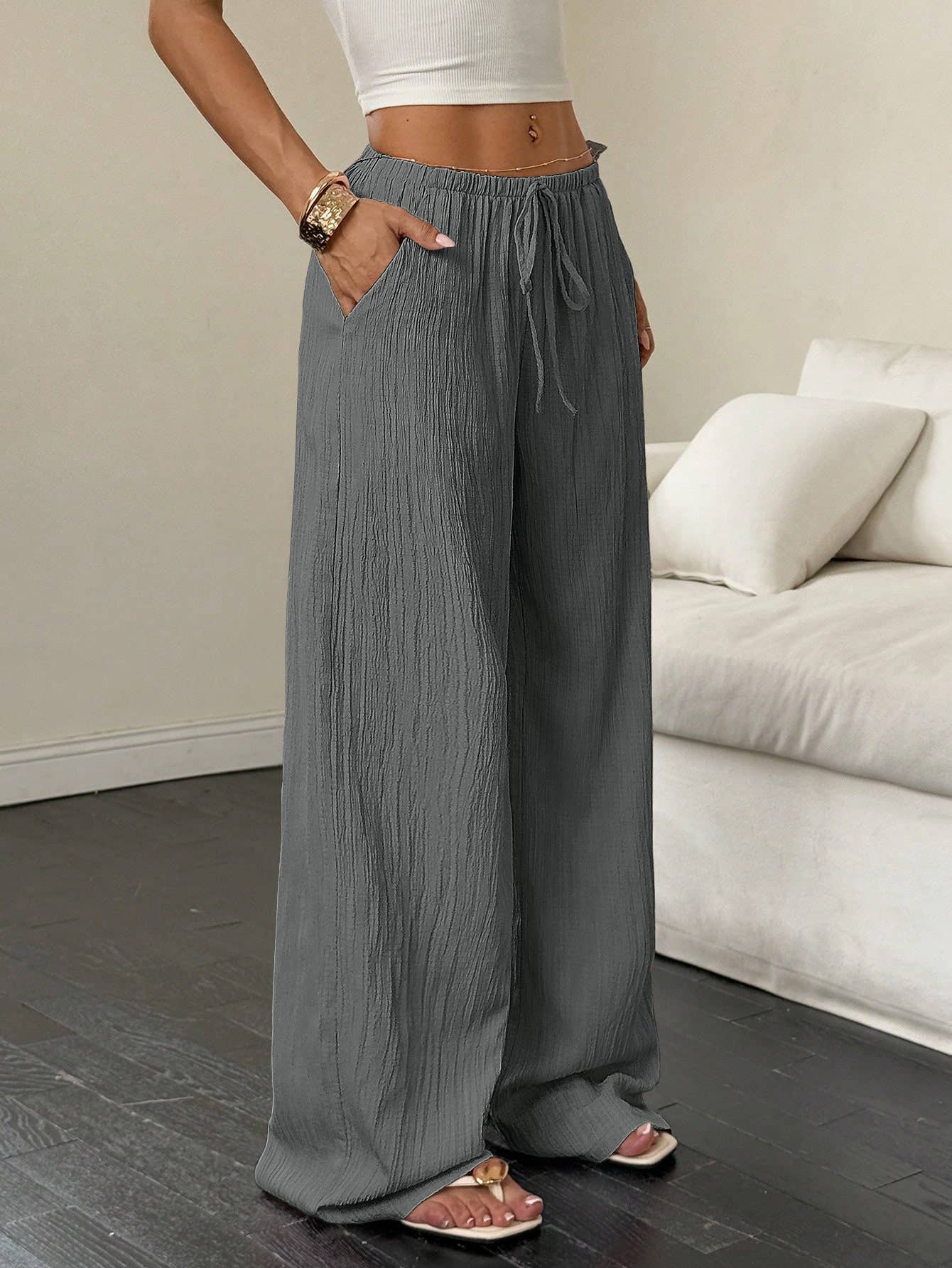 Solid-color textured drawstring wide-leg pants
