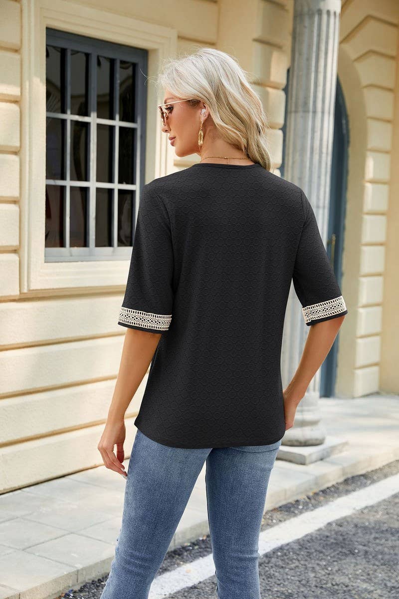 V NECK LACE STITCHING SOLID COLOR LOOSE TOP_CWTSTS0187