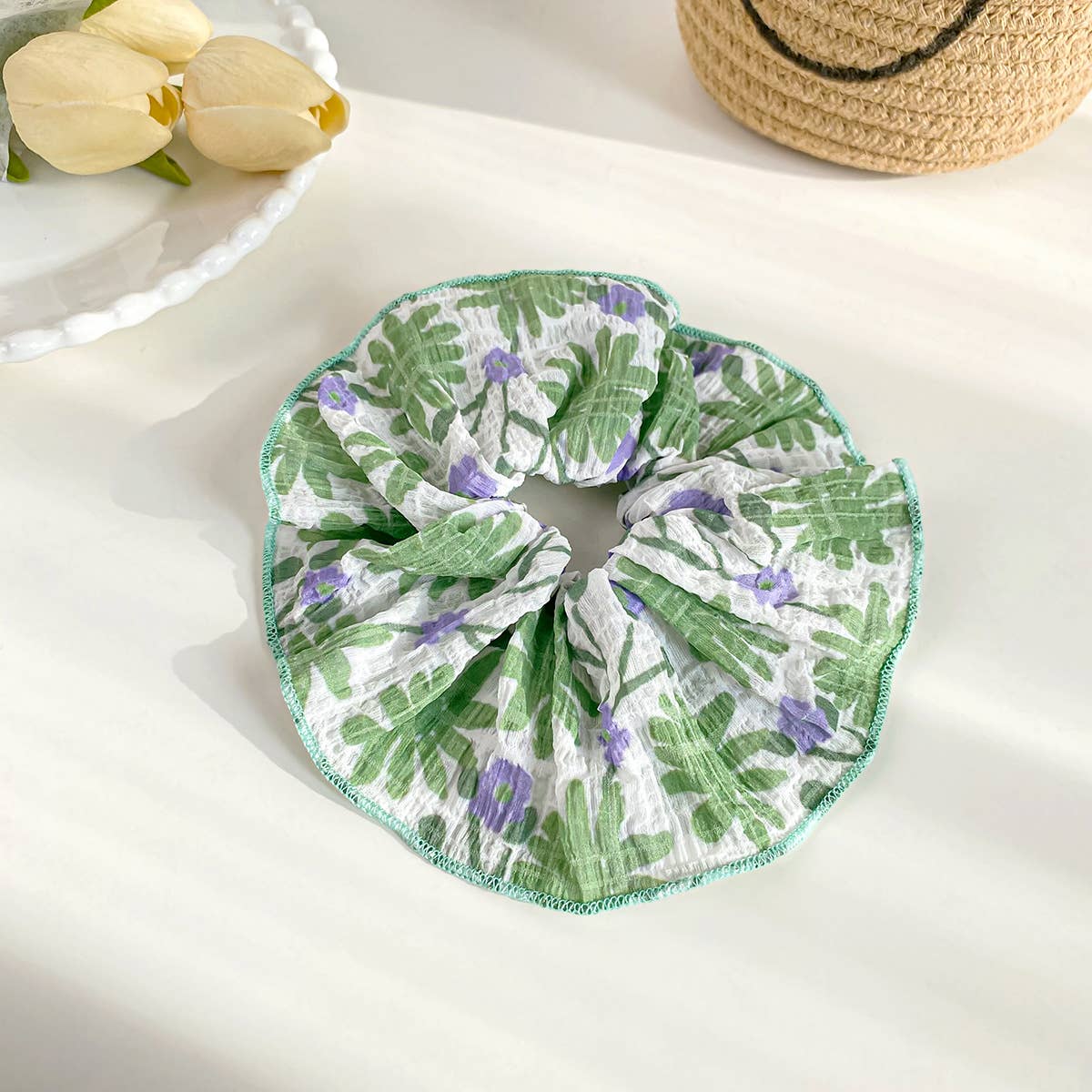 Large pleated floral intestine style hair ties