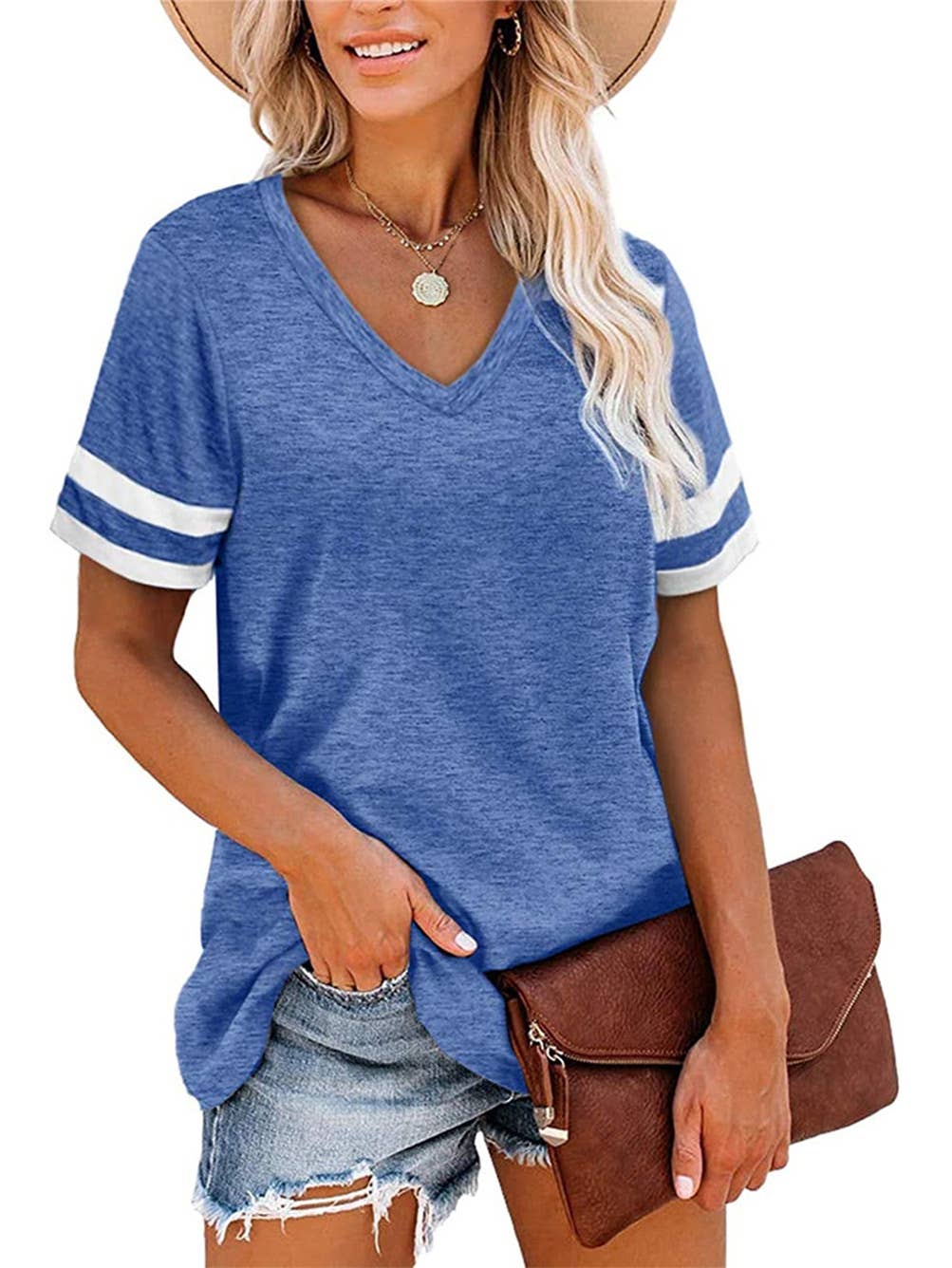 V-NECK SHORT SLEEVE COLOR MATCHING LOOSE TOP