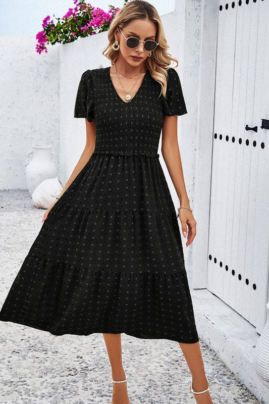 CWDMD00962_CASUAL V-NECK SHORT-SLEEVED DRESS