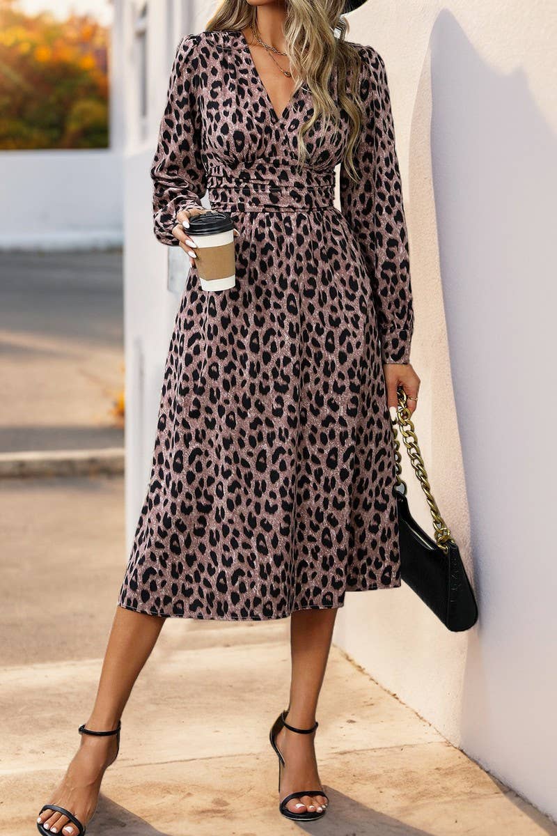CWDMD4802_LEOPARD PRINT ELEGANT HIGH WAIST V NECK DRESS
