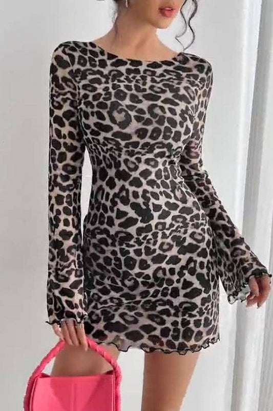 CWDSD8264_LEOPARD PRINT OPEN BACK MESH BELL SLEEVE DRESS