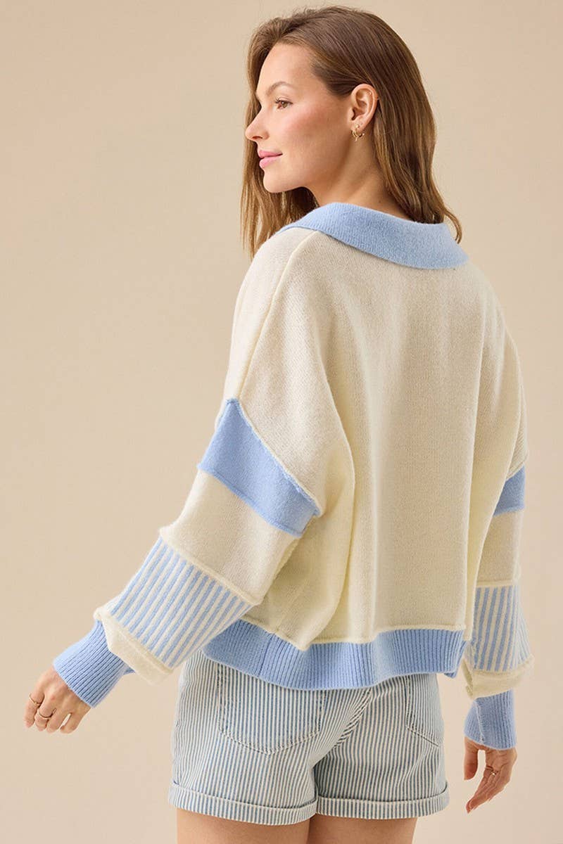 CWOSWL07751_2025 CASUAL STRIPED V NECK LOOSE KNIT SWEATER