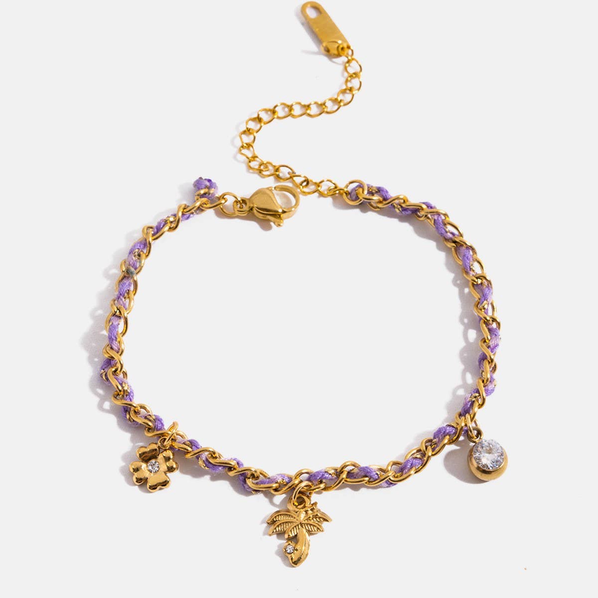 Romantic 18K Gold Clover & Palm Charm Bracelet