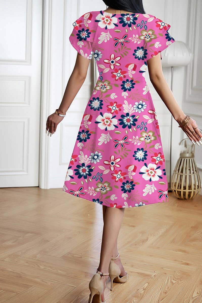 CWDMD5869_SOLID ELEGANT V-NECK SHORT SLEEVE MIDI DRESS