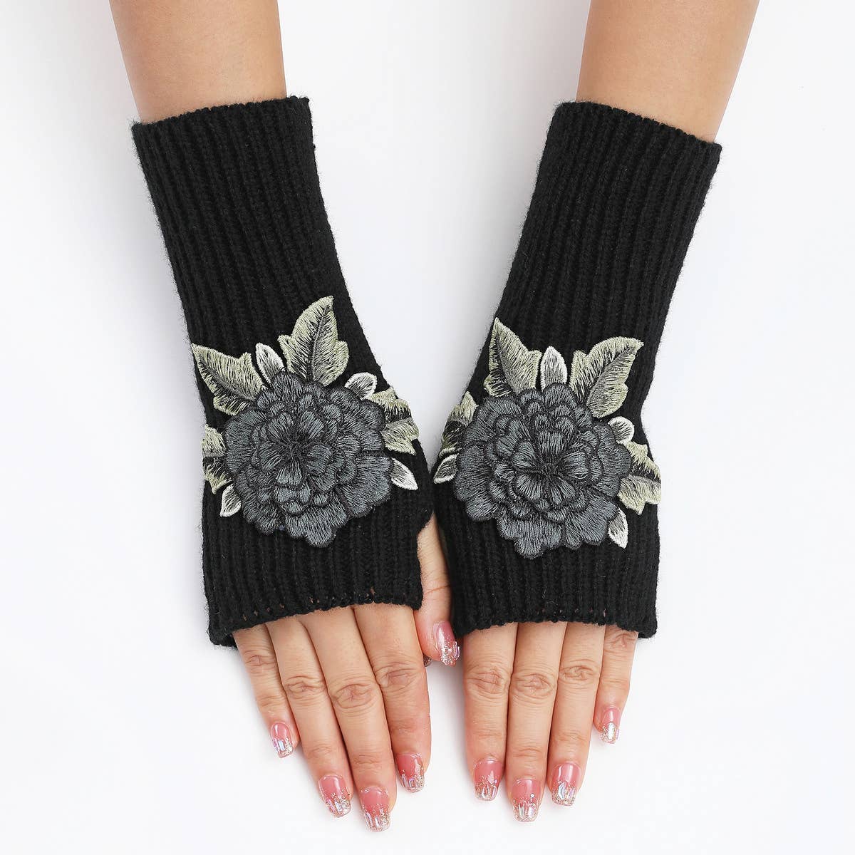 FLOWER WARM KNITTED WOOL GLOVES AND SLEEVES_CWAG0109