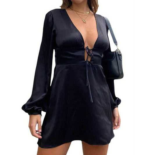 Sexy V-neck fall/winter dress, unique mini skirt