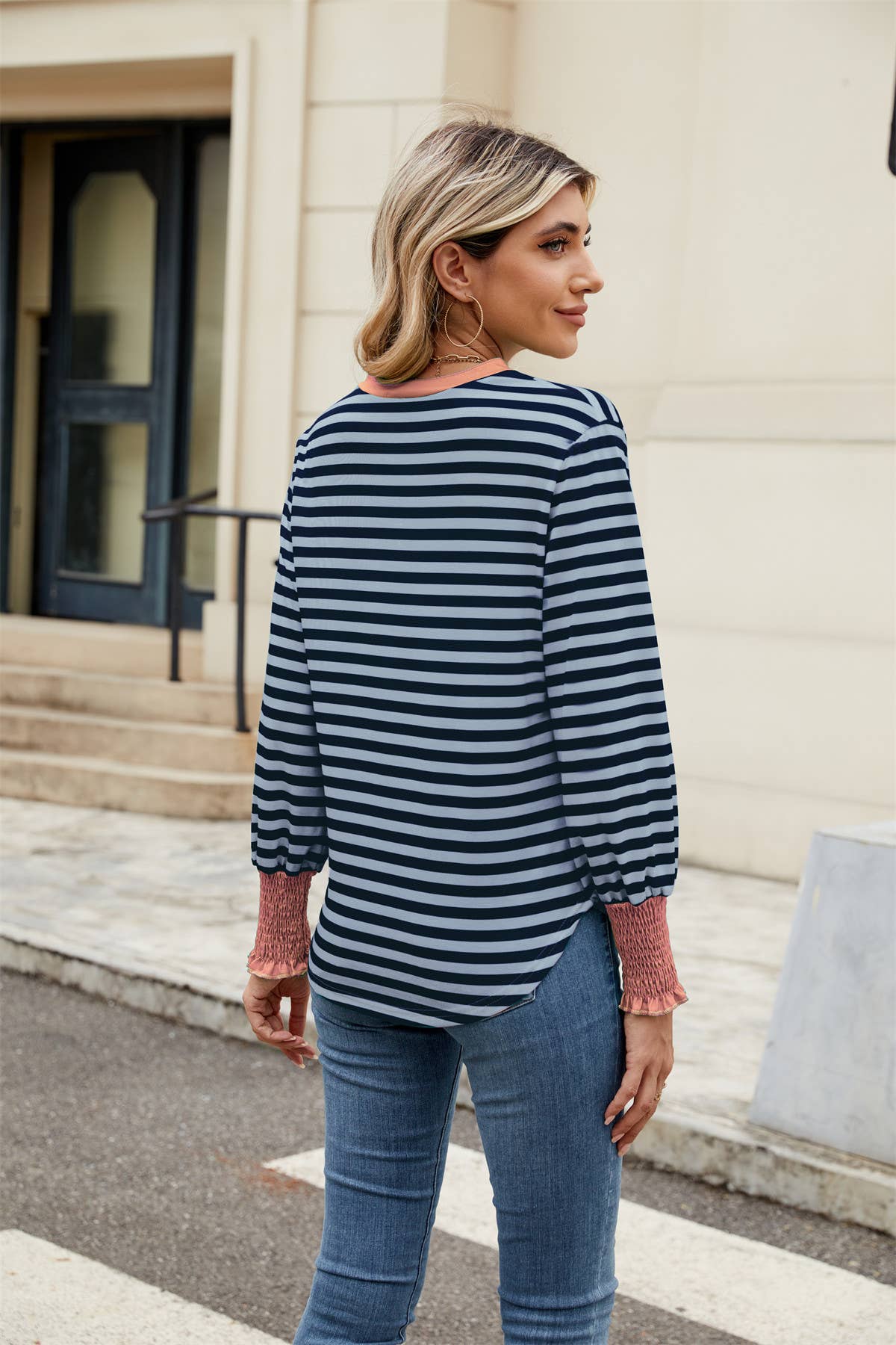 V-neck long-sleeved striped color-blocked top