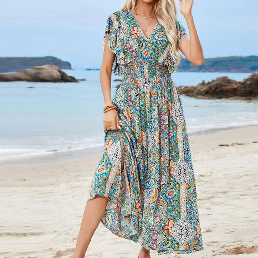 Printed peplum short sleeve split holiday dress