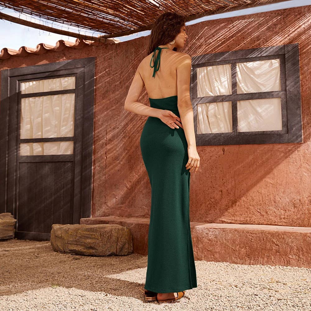 Sexy backless slit hip-hugging halter dress