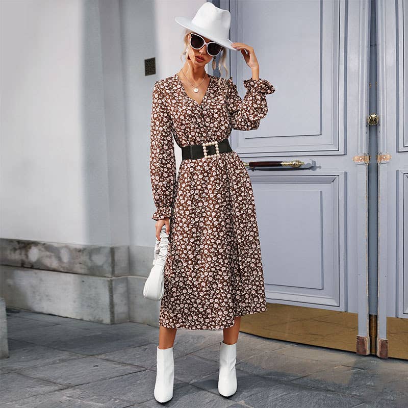 V-NECK FLORAL SLIT LONG-SLEEVED FASHION DRESS