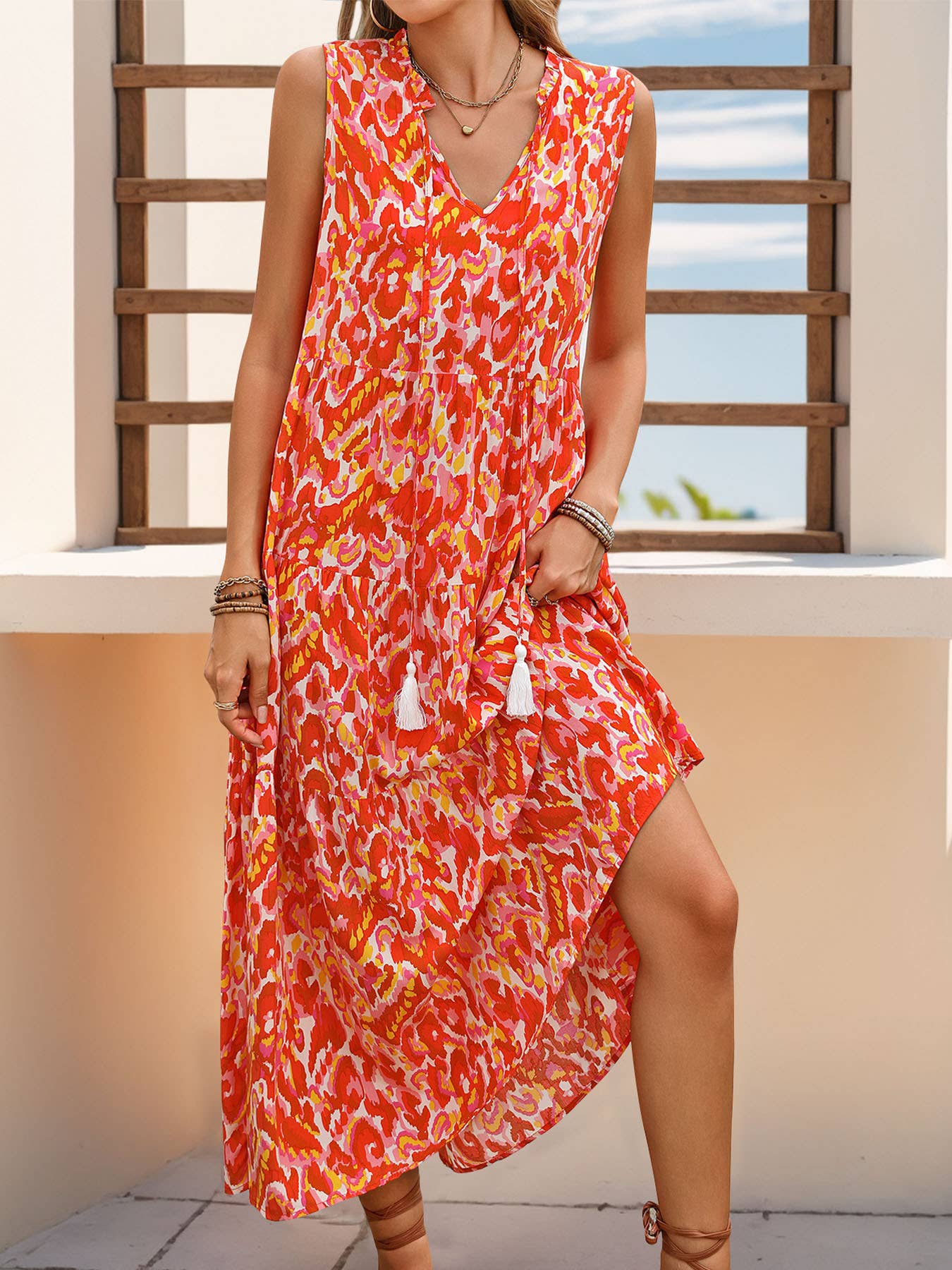 Ethnic print sleeveless V-neck long loose dress