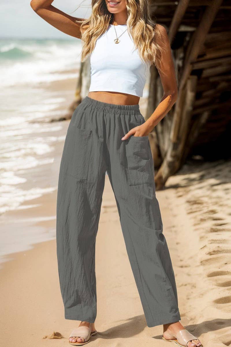 CWBLP01074_2025 WOMEN LINEN COTTON CASUAL PANTS ELASTIC WAIS