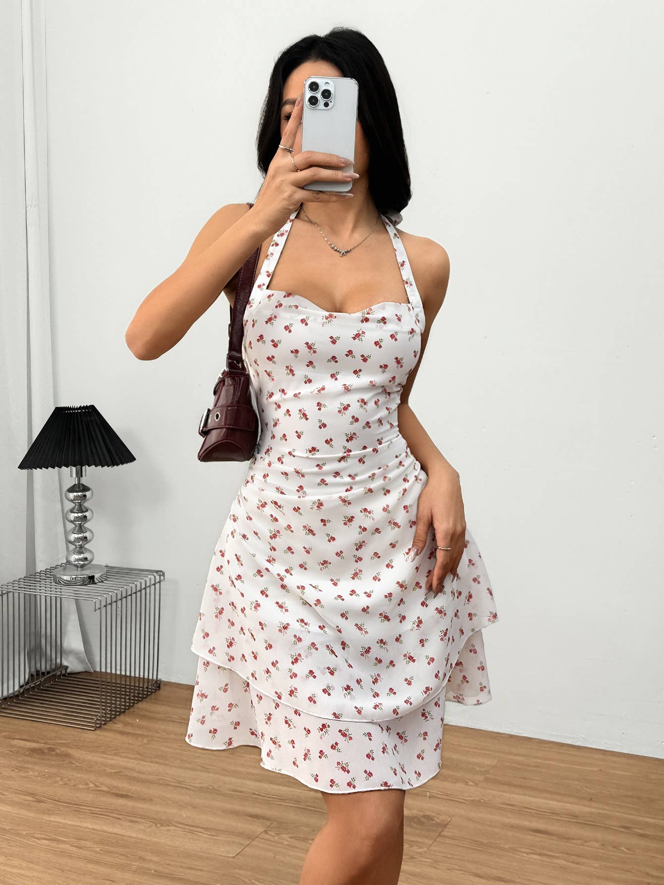 Printed lotus leaf hemline sexy halter slim dress