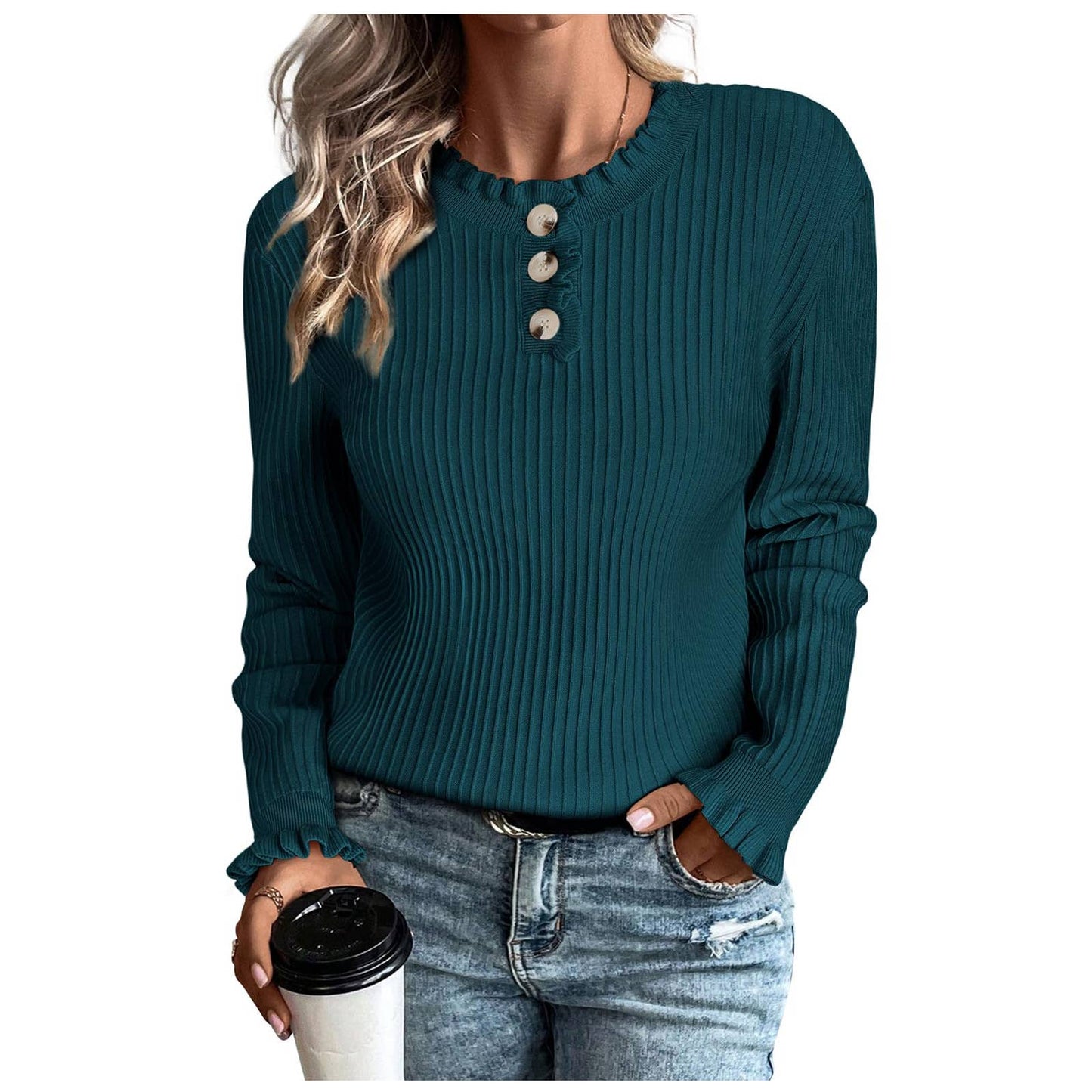 ROUND NECK WOODEN EAR NECK WOMEN'S KNITTED TOP