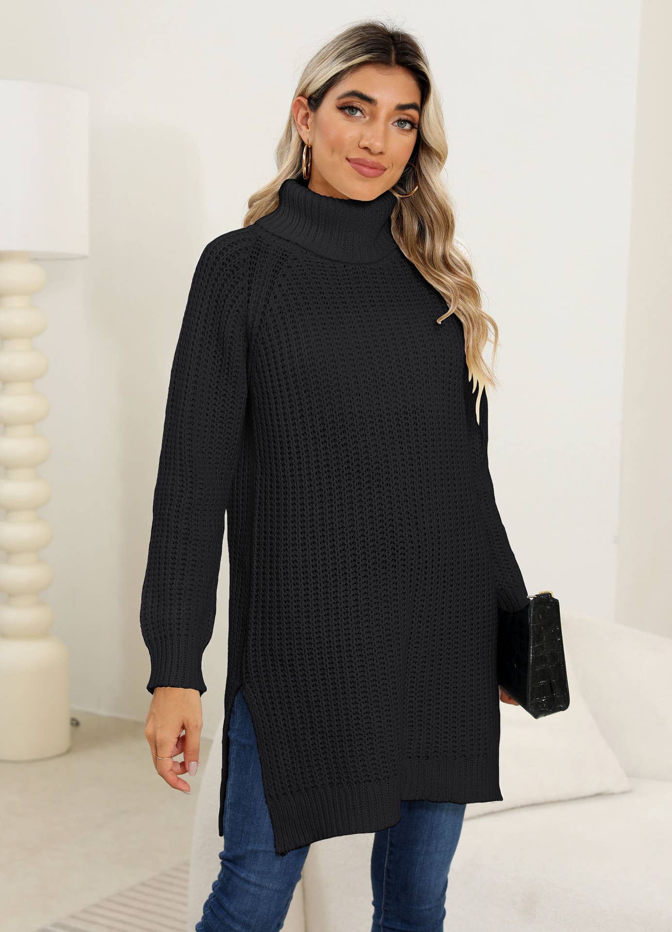 THICK SWEATER TURTLENECK SIMPLE SLIT DRESS