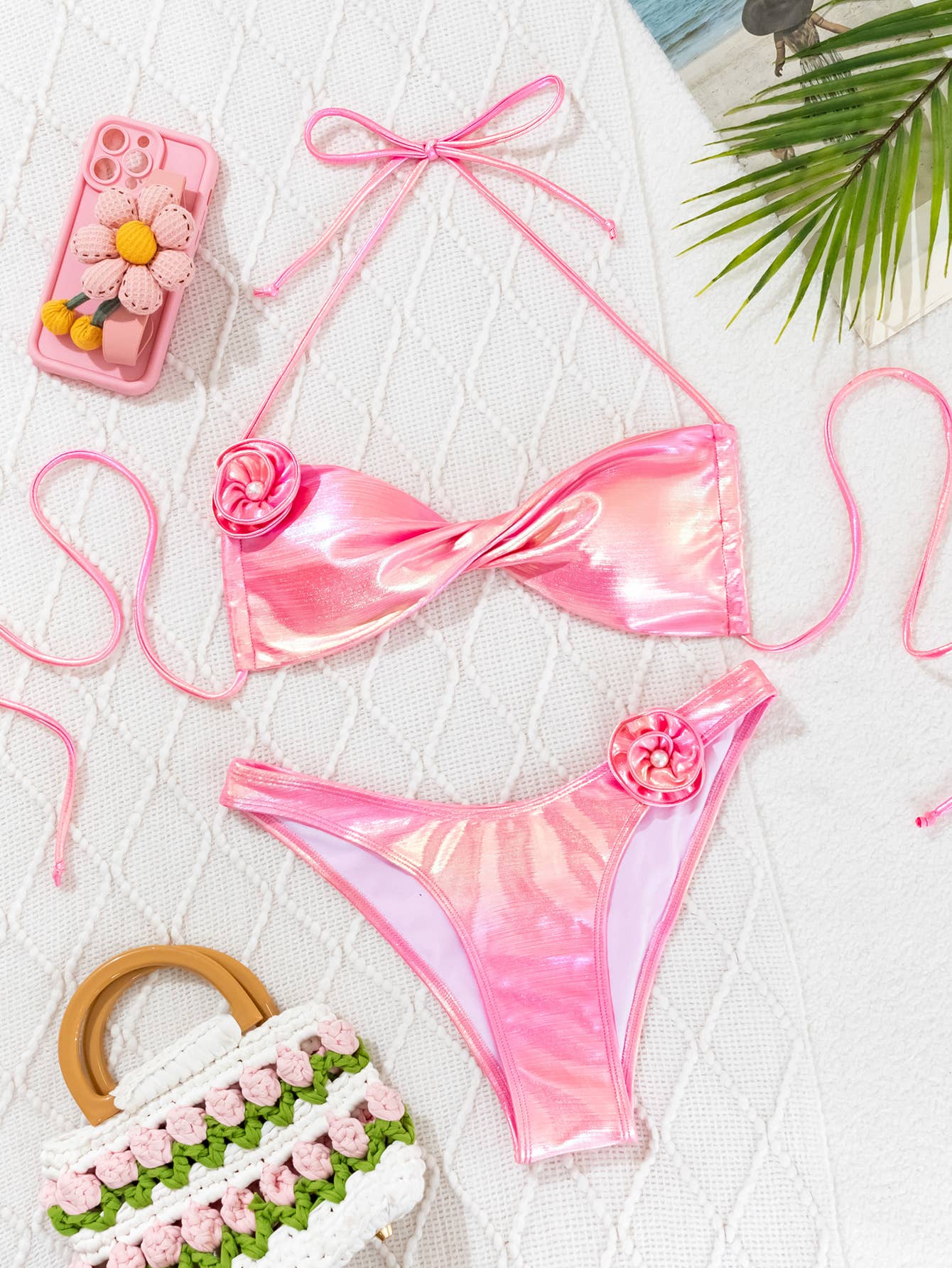 Iridescent Bikini Set - Pearl & 3D Flower Swimsuit