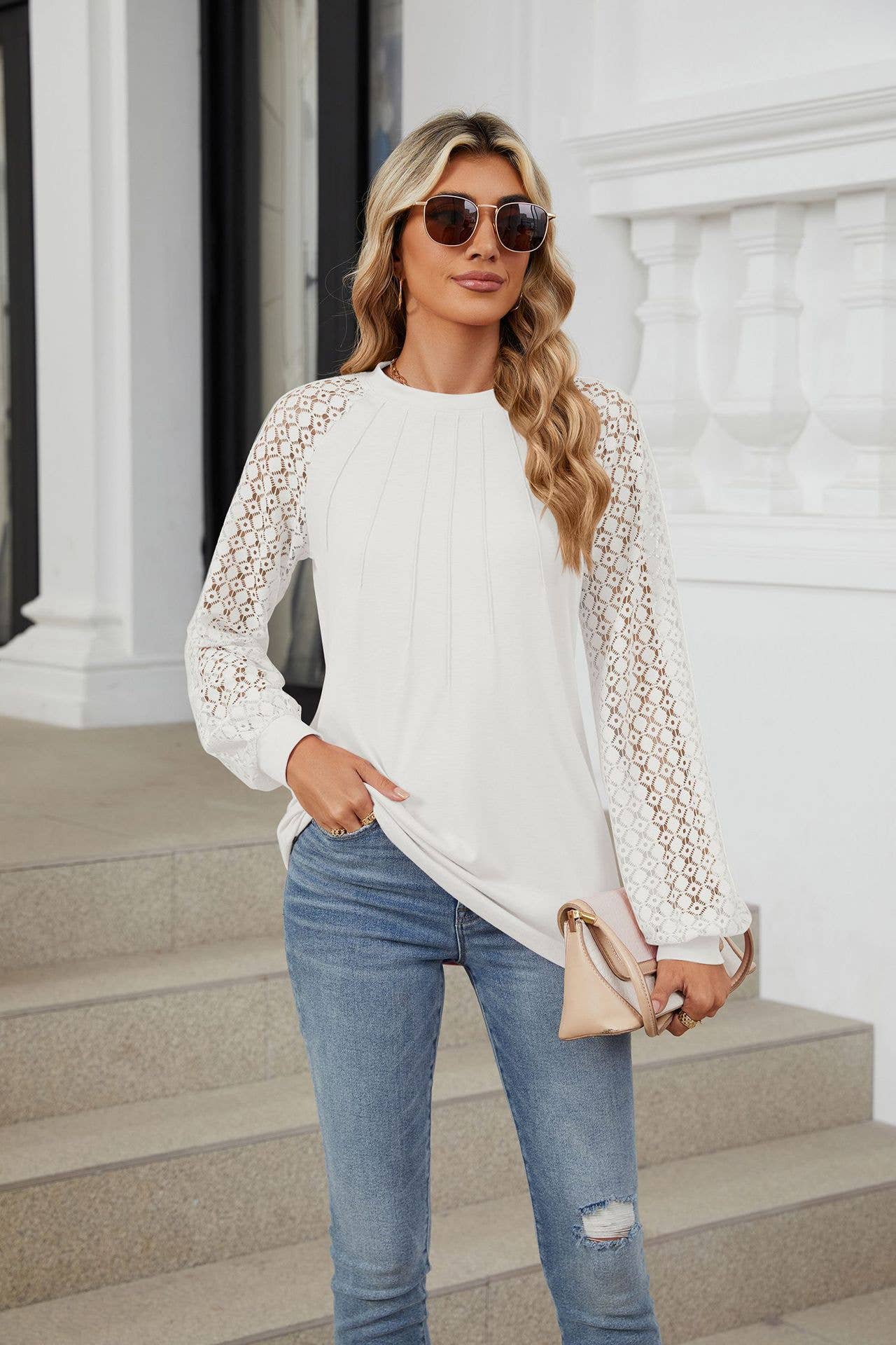 Round-neck solid-color lace long-sleeved T-shirt