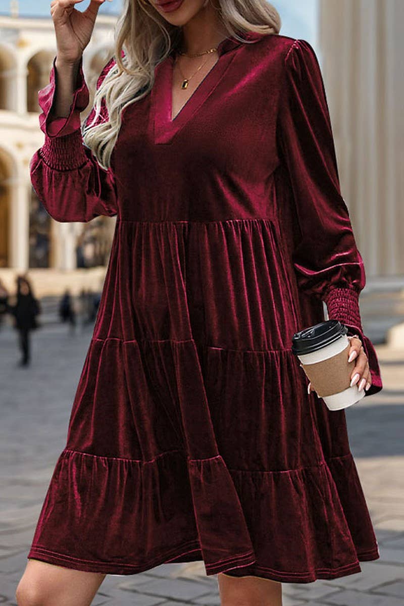 CWDMD3552_V-NECK LONG-SLEEVED SOLID COLOR VELVET DRESS