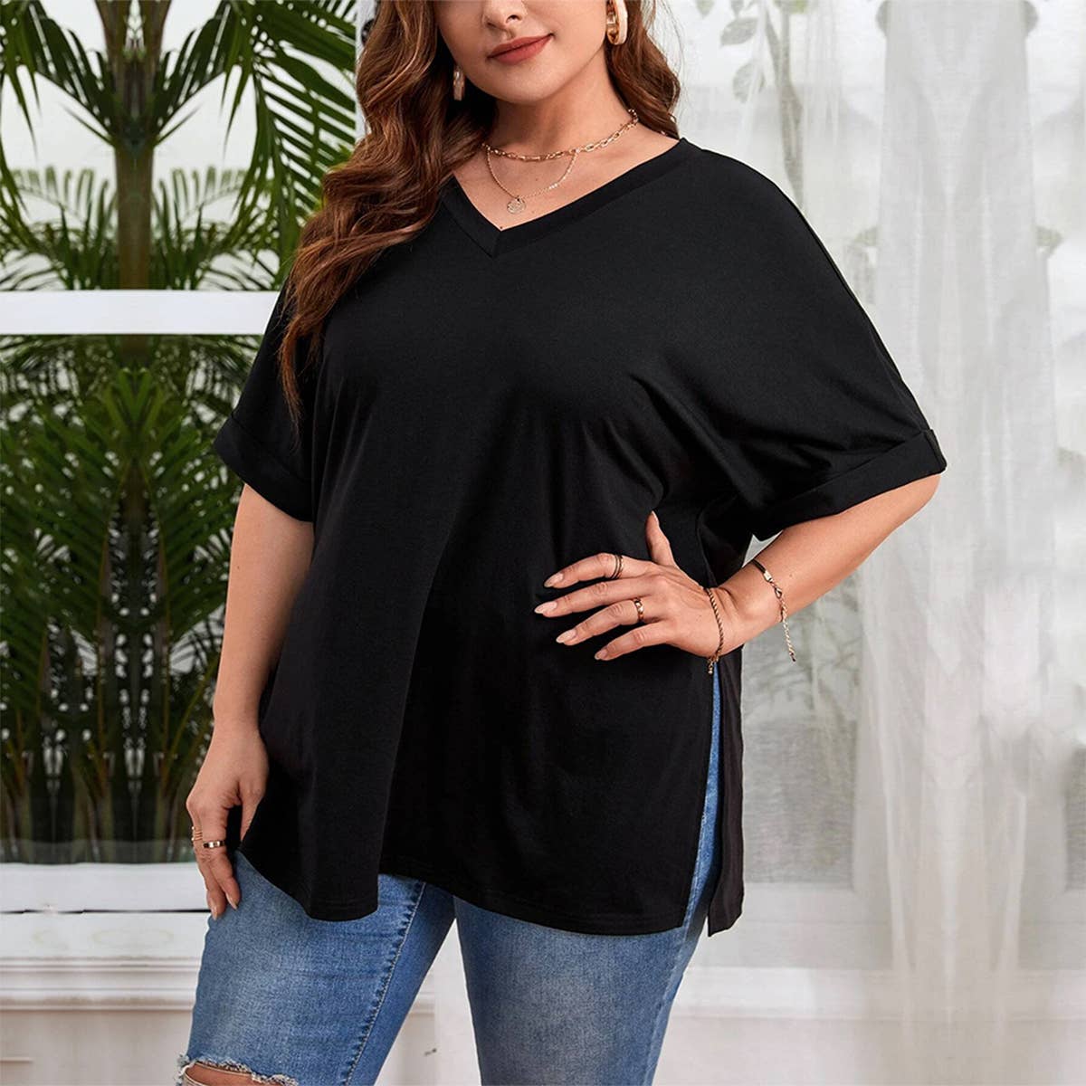 Women's Relaxed Fit V-Neck Tee with Side Slits