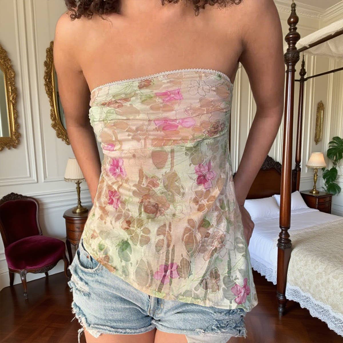 Vacation-style floral print irregular strapless