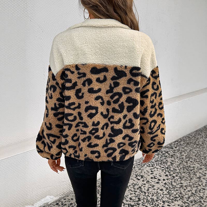 Leopard print color-blocked polar fleece coat