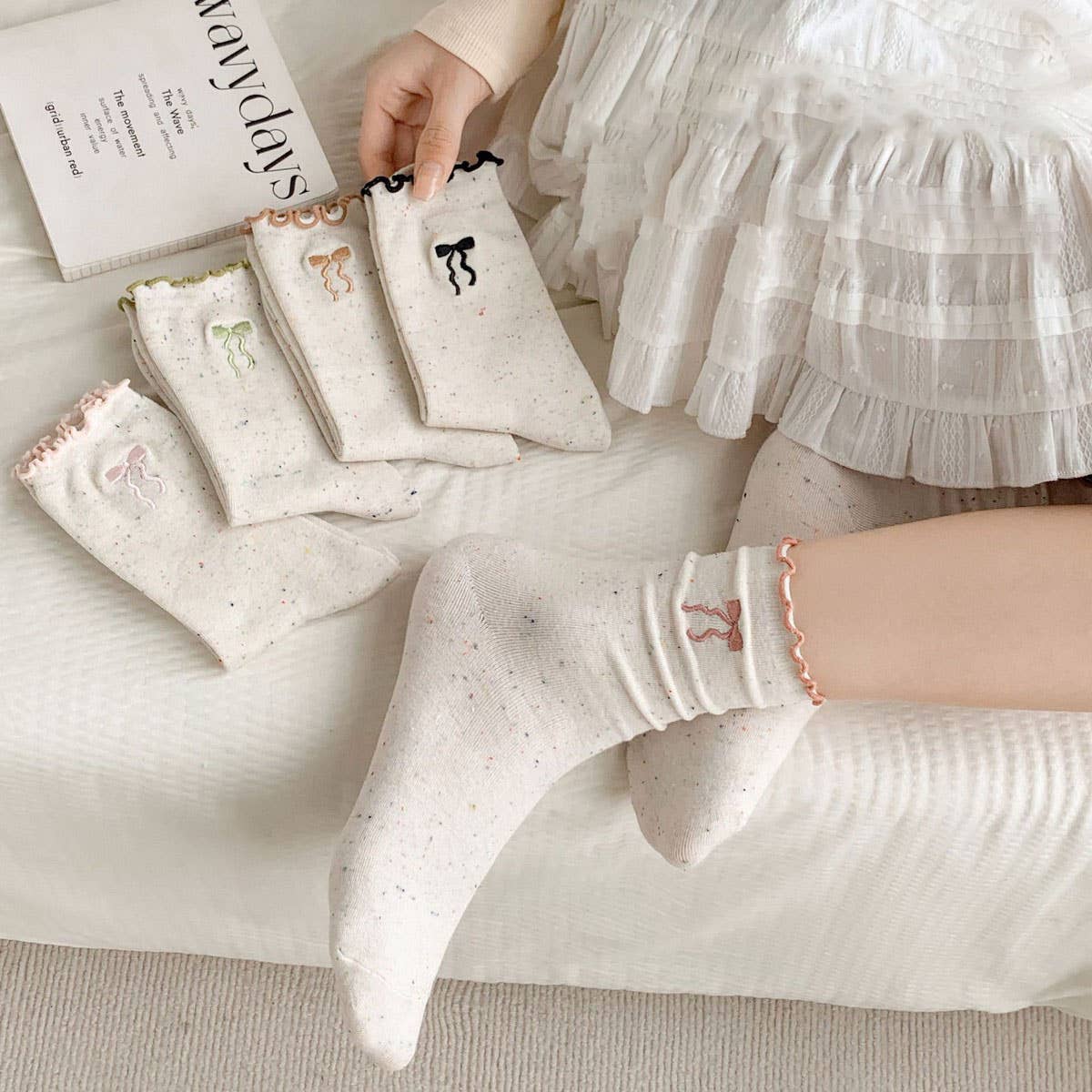 Ruffle Bows Embroidered Socks For Women