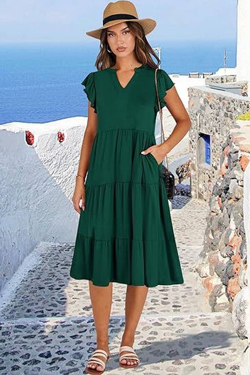 CWDMD6340_V-NECK RUFFLE SLEEVES WIDE POCKET DRESS