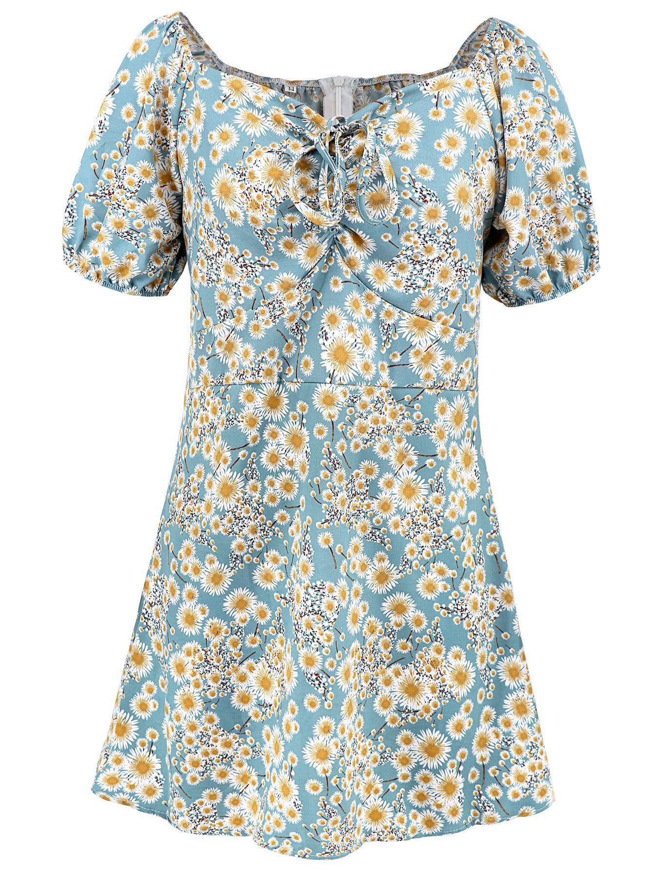 Sexy Short Fitted Floral Balloon Sleeve Dress